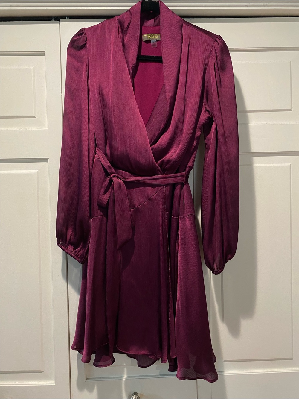 Silky Deep Magenta Long-Sleeve Wrap Dress with Self-Tie Waist